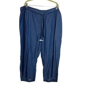 Calvin Klein Womens 3X Cropped Pants Blue Chambray Lyocell Self Tie Belt Pockets